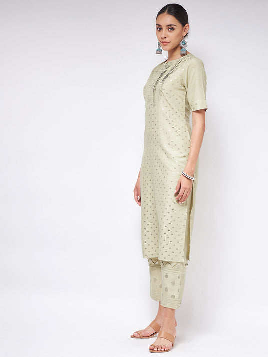 Pista Festive Foil Printed Straight-Fit Kurta