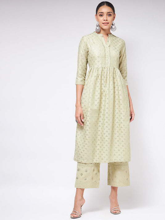 Pista Festive Foil Printed Gathered Kurta