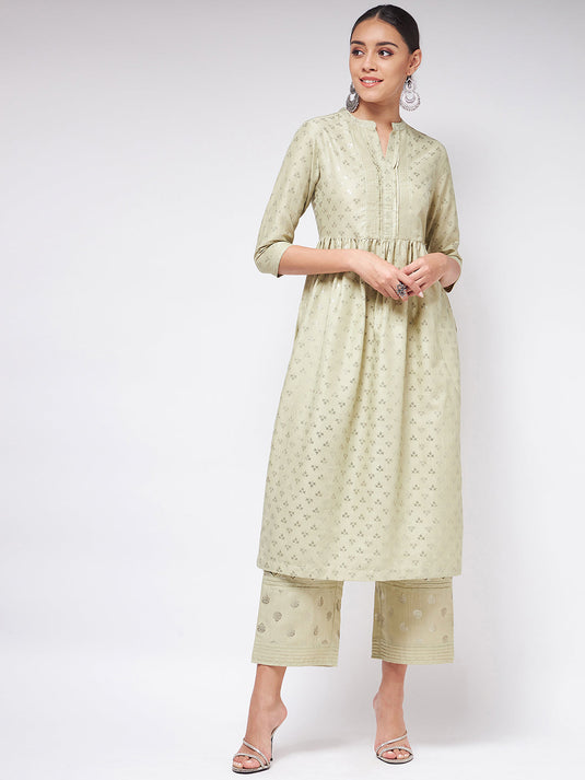 Pista Festive Foil Printed Gathered Kurta