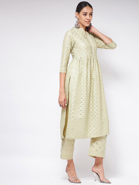 Pista Festive Foil Printed Gathered Kurta