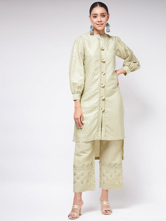 Pista Festive Foil Printed Shirt Style Kurta With High-Low Hemline