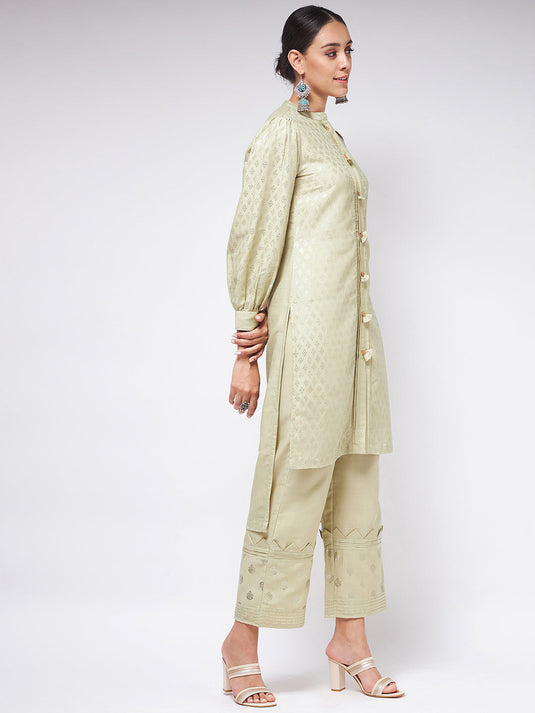 Pista Festive Foil Printed Shirt Style Kurta With High-Low Hemline