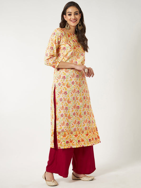 Printed Kurta With Gold Lace Details