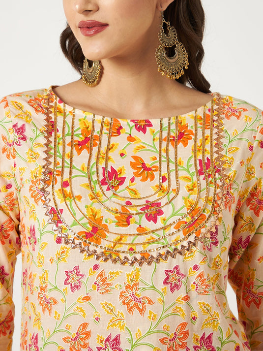 Printed Kurta With Gold Lace Details