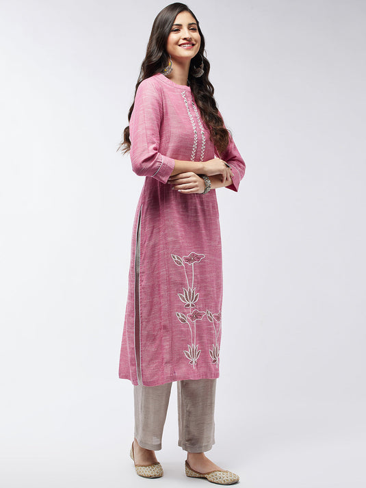 Chambray Floral Embroidered Kurta