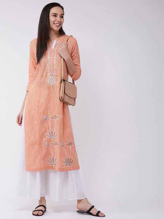 Chambray Floral Embroidered Kurta