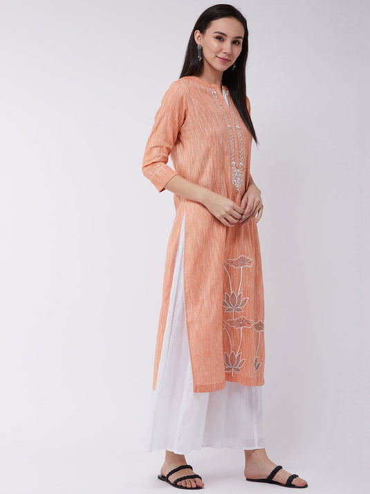 Chambray Floral Embroidered Kurta