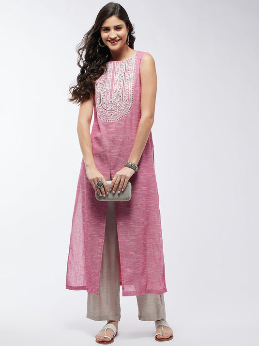 Chambray Embroidered Sleeveless Kurta