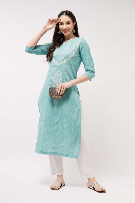 Chambray Embroidered Quarter Sleeves Kurta