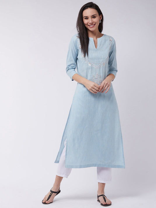 Chambray Embroidered Quarter Sleeves Kurta