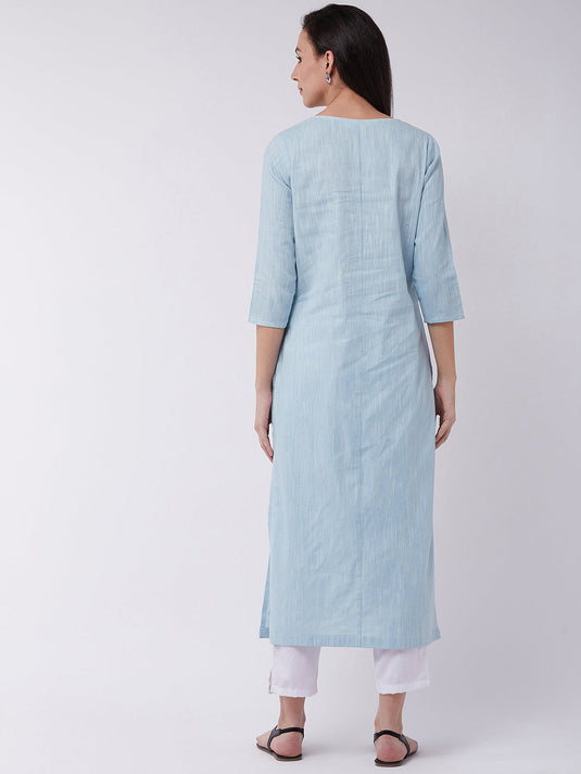 Chambray Embroidered Quarter Sleeves Kurta