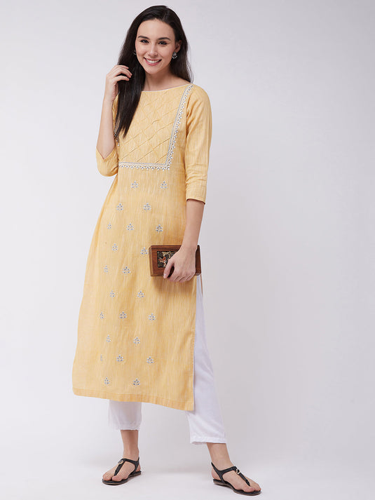 Chambray Embroidered Kurta With Pintuck Yoke