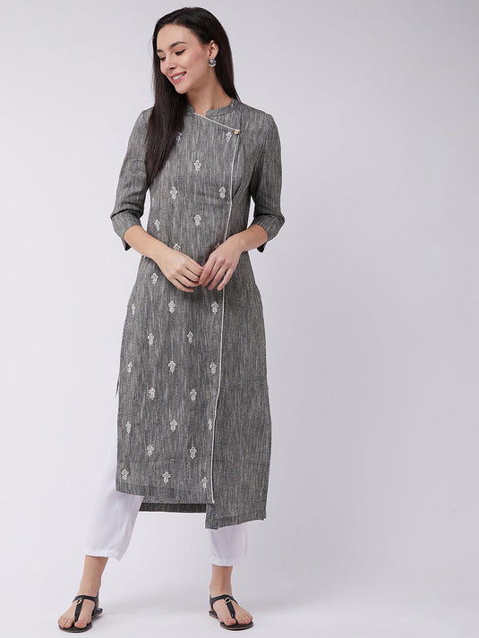 Chambray Embroidered Kurta With Overlap Angarkha Style