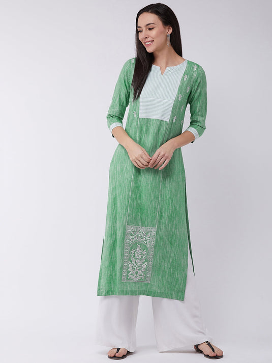 Women's Chambray Embroidered Kurta With Contrast Yoke