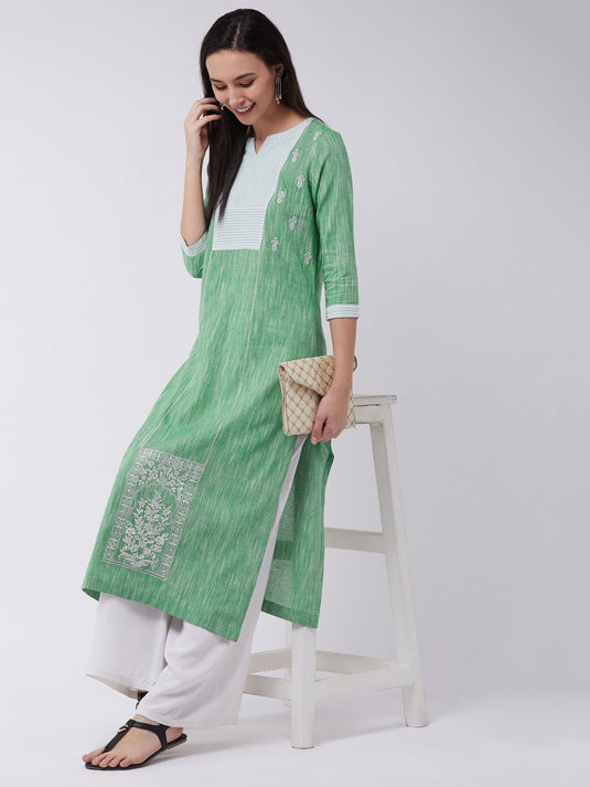 Women's Chambray Embroidered Kurta With Contrast Yoke