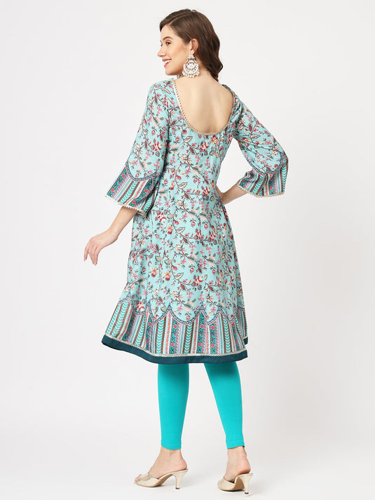 Wedding Inspired Digital Printed Flared Kurta With Lace Panels