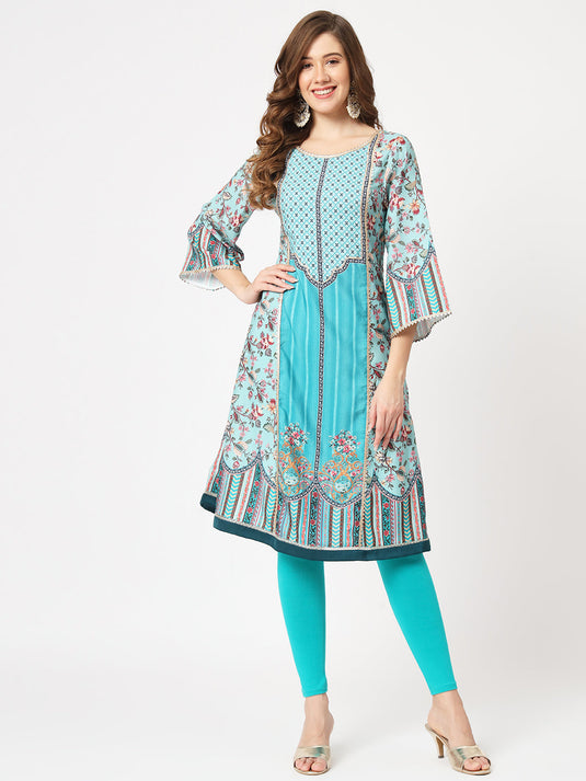 Wedding Inspired Digital Printed Flared Kurta With Lace Panels