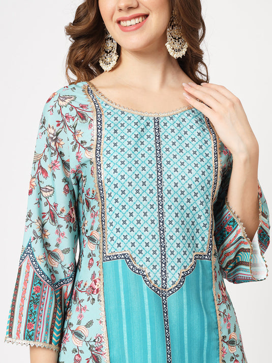 Wedding Inspired Digital Printed Flared Kurta With Lace Panels