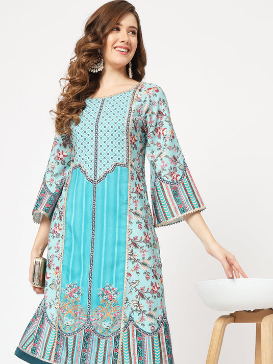 Wedding Inspired Digital Printed Flared Kurta With Lace Panels