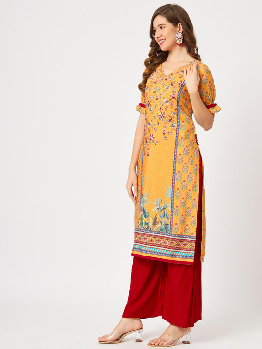 Wedding Inspired Digital Printed Kurta With Laced V-Neckline