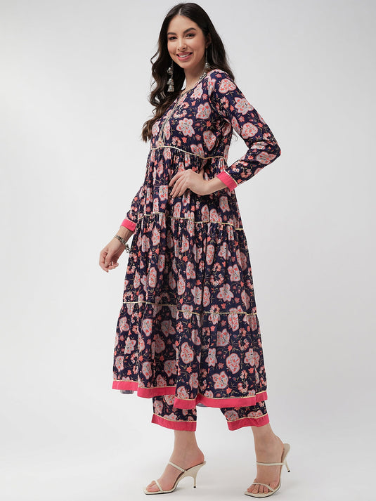 Wedding Inspired Digital Floral Printed Kurta With Lace Inserts