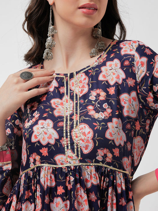 Wedding Inspired Digital Floral Printed Kurta With Lace Inserts