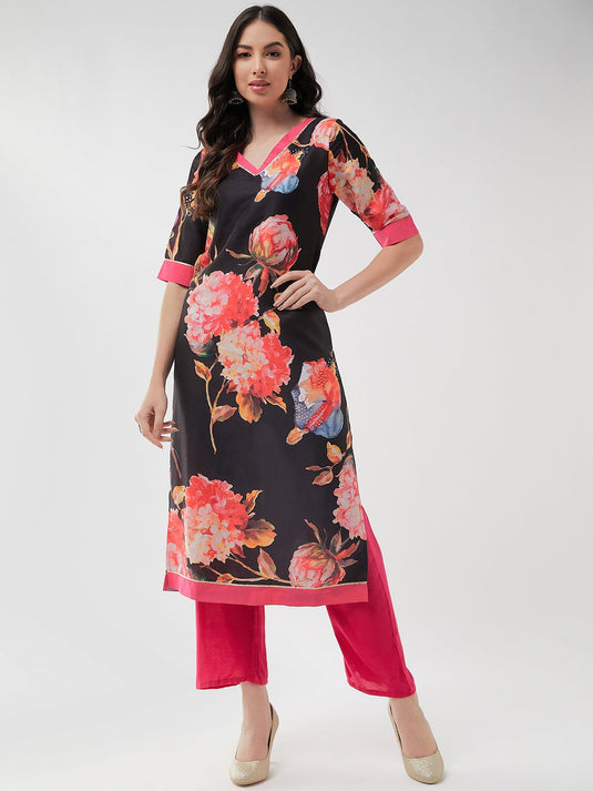 Wedding Inspired Digital Floral Printed Straight Kurta With V-Neckline