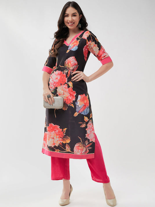 Wedding Inspired Digital Floral Printed Straight Kurta With V-Neckline