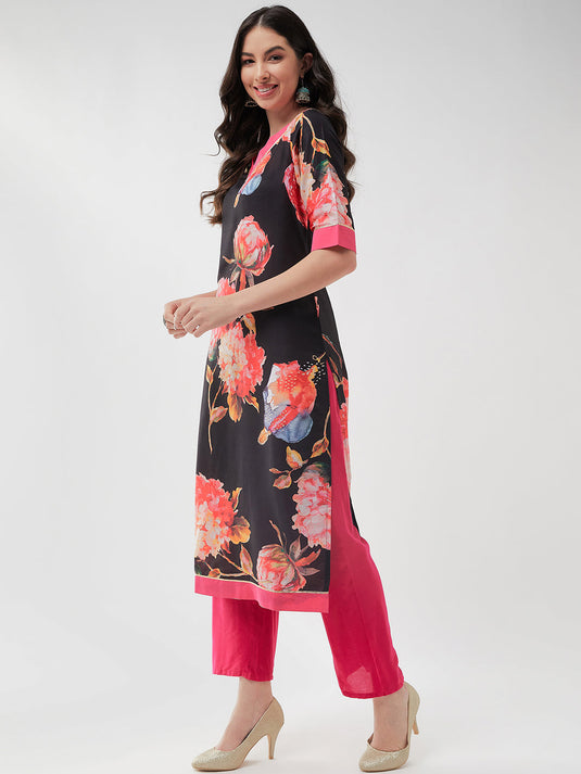 Wedding Inspired Digital Floral Printed Straight Kurta With V-Neckline