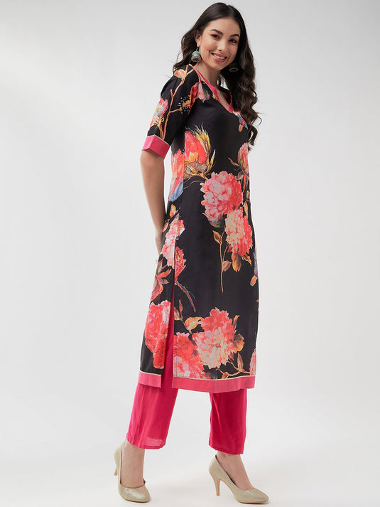 Wedding Inspired Digital Floral Printed Straight Kurta With V-Neckline