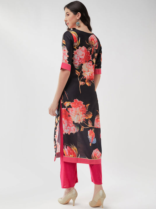 Wedding Inspired Digital Floral Printed Straight Kurta With V-Neckline