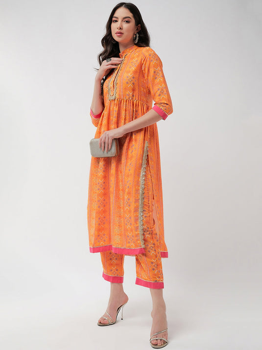 Wedding Inspired Digital Floral Printed Kurta With Lace At Placket