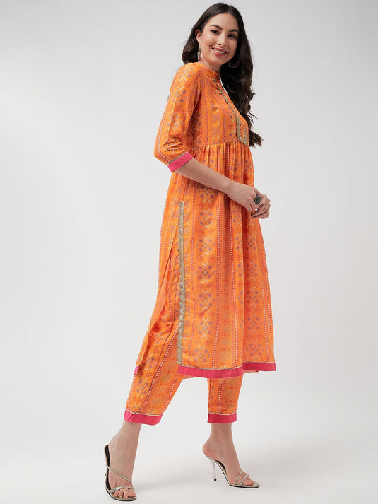 Wedding Inspired Digital Floral Printed Kurta With Lace At Placket