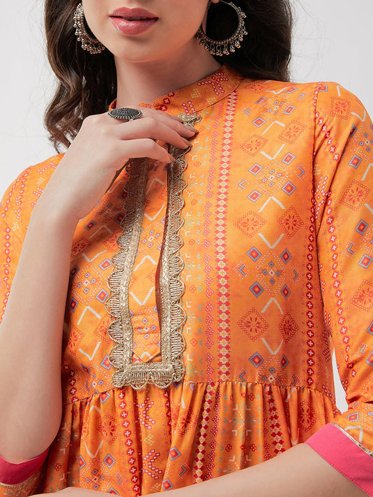 Wedding Inspired Digital Floral Printed Kurta With Lace At Placket