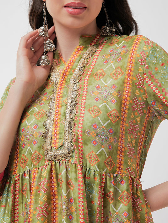 Wedding Inspired Allover Digital Printed Kurta With Lace At Placket