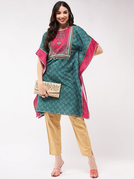 Wedding Inspired Digital Printed Kaftan Kurta With Lace At Yoke