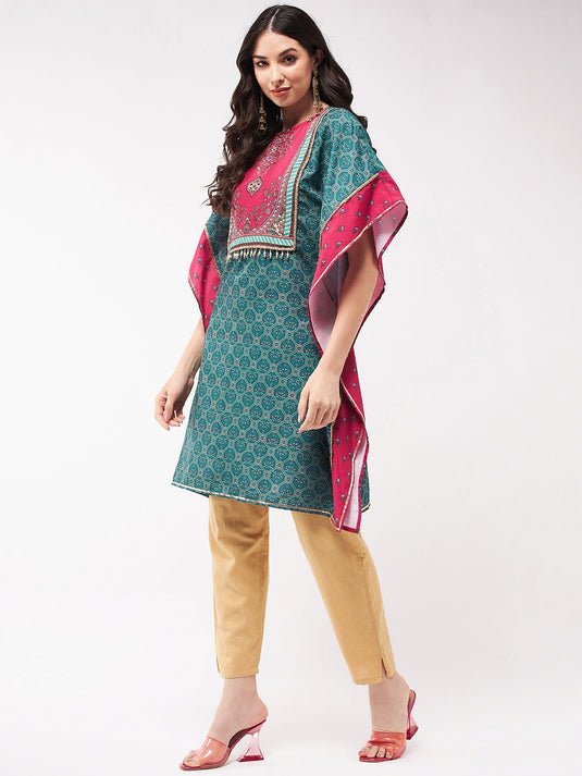 Wedding Inspired Digital Printed Kaftan Kurta With Lace At Yoke