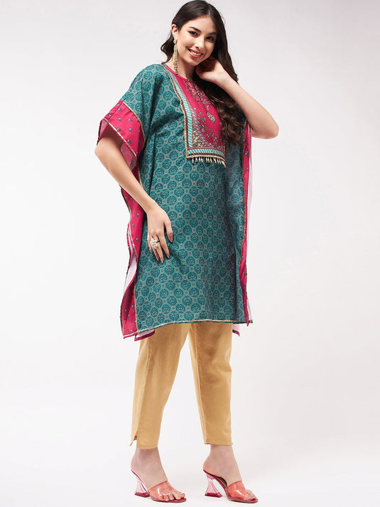 Wedding Inspired Digital Printed Kaftan Kurta With Lace At Yoke