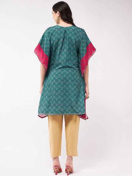 Wedding Inspired Digital Printed Kaftan Kurta With Lace At Yoke