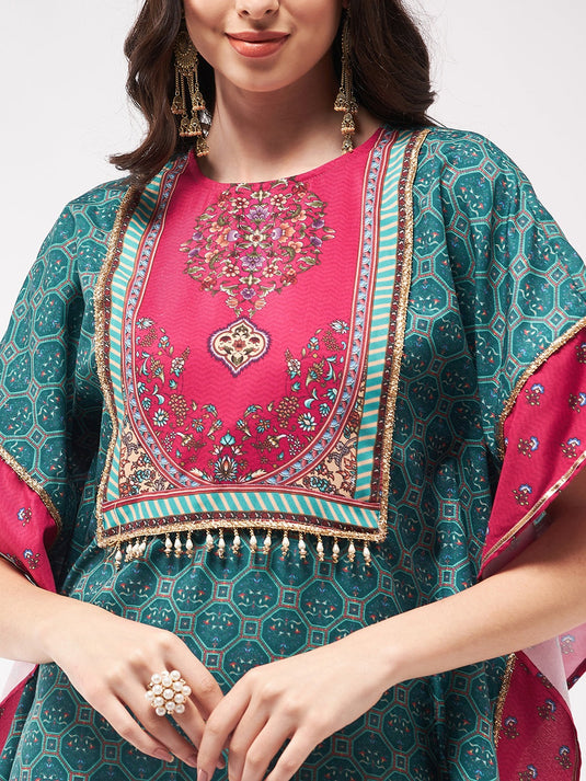 Wedding Inspired Digital Printed Kaftan Kurta With Lace At Yoke