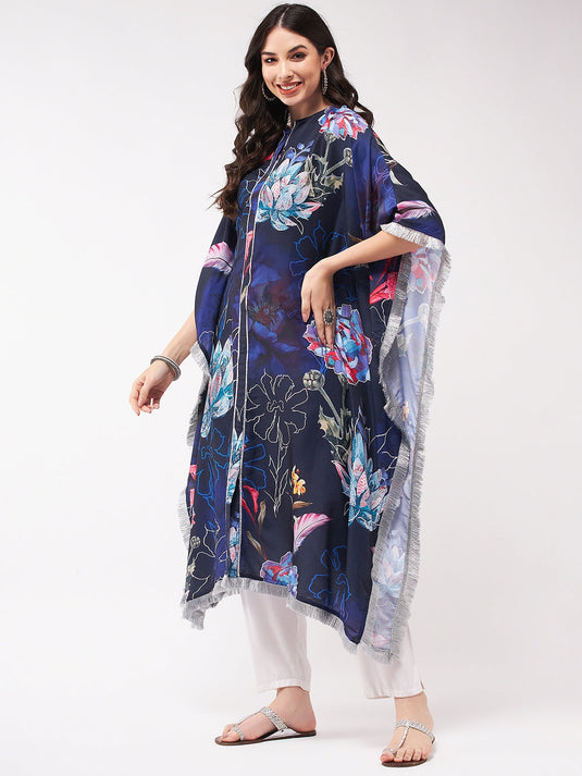 Wedding Inspired Digital Big Floral Printed Kaftan Kurta With Fringe Lace