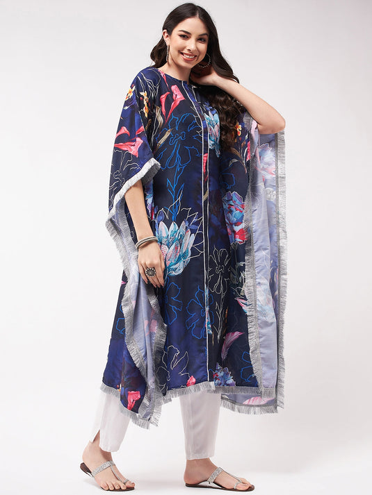 Wedding Inspired Digital Big Floral Printed Kaftan Kurta With Fringe Lace