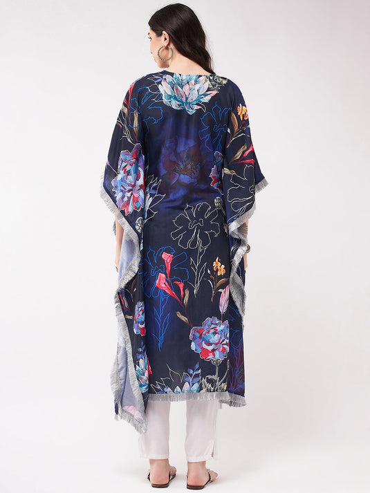 Wedding Inspired Digital Big Floral Printed Kaftan Kurta With Fringe Lace