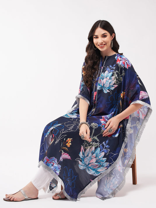 Wedding Inspired Digital Big Floral Printed Kaftan Kurta With Fringe Lace