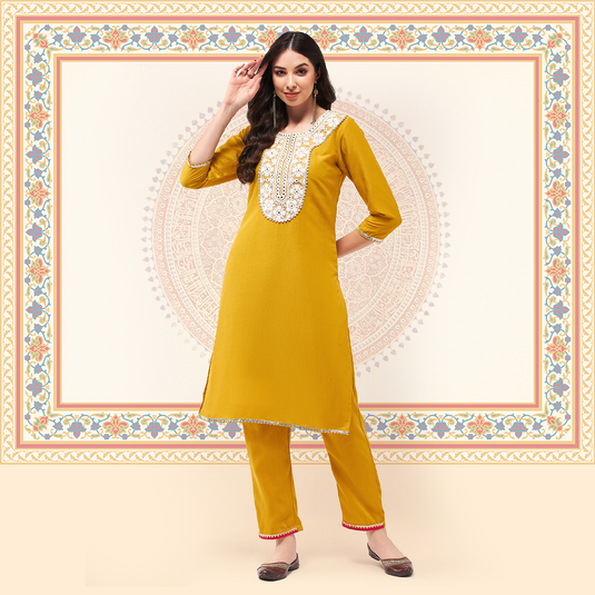 Festive Embroidered Neck-Patch Kurta With Laces