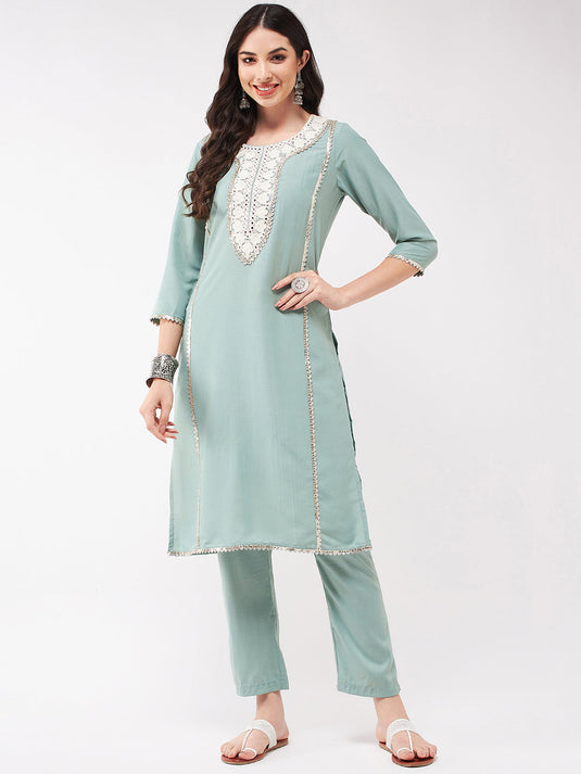 Festive Embroidered Neck-Patch Panelled Kurta With Laces