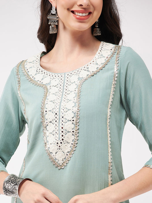 Festive Embroidered Neck-Patch Panelled Kurta With Laces