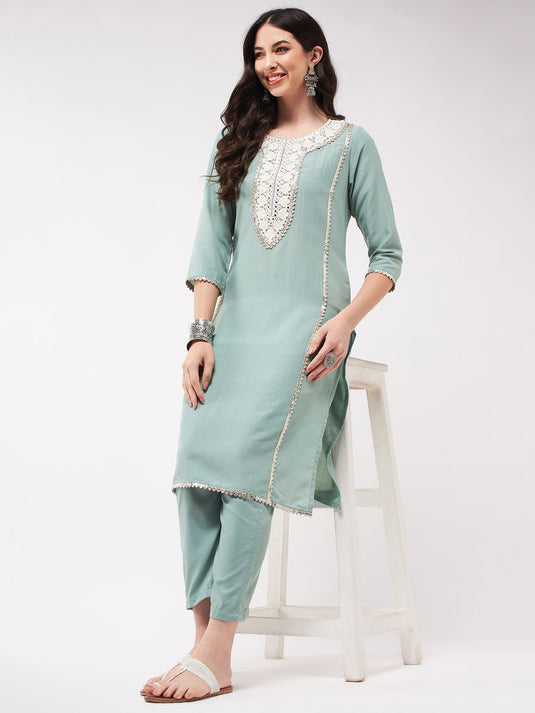 Festive Embroidered Neck-Patch Panelled Kurta With Laces