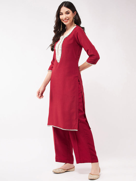 Festive Embroidered Neck-Patch Panelled Kurta With Laces