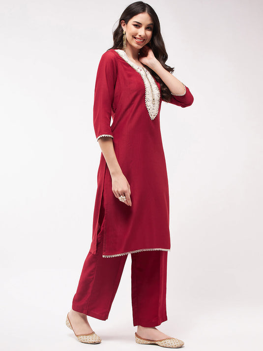 Festive Embroidered Neck-Patch Panelled Kurta With Laces